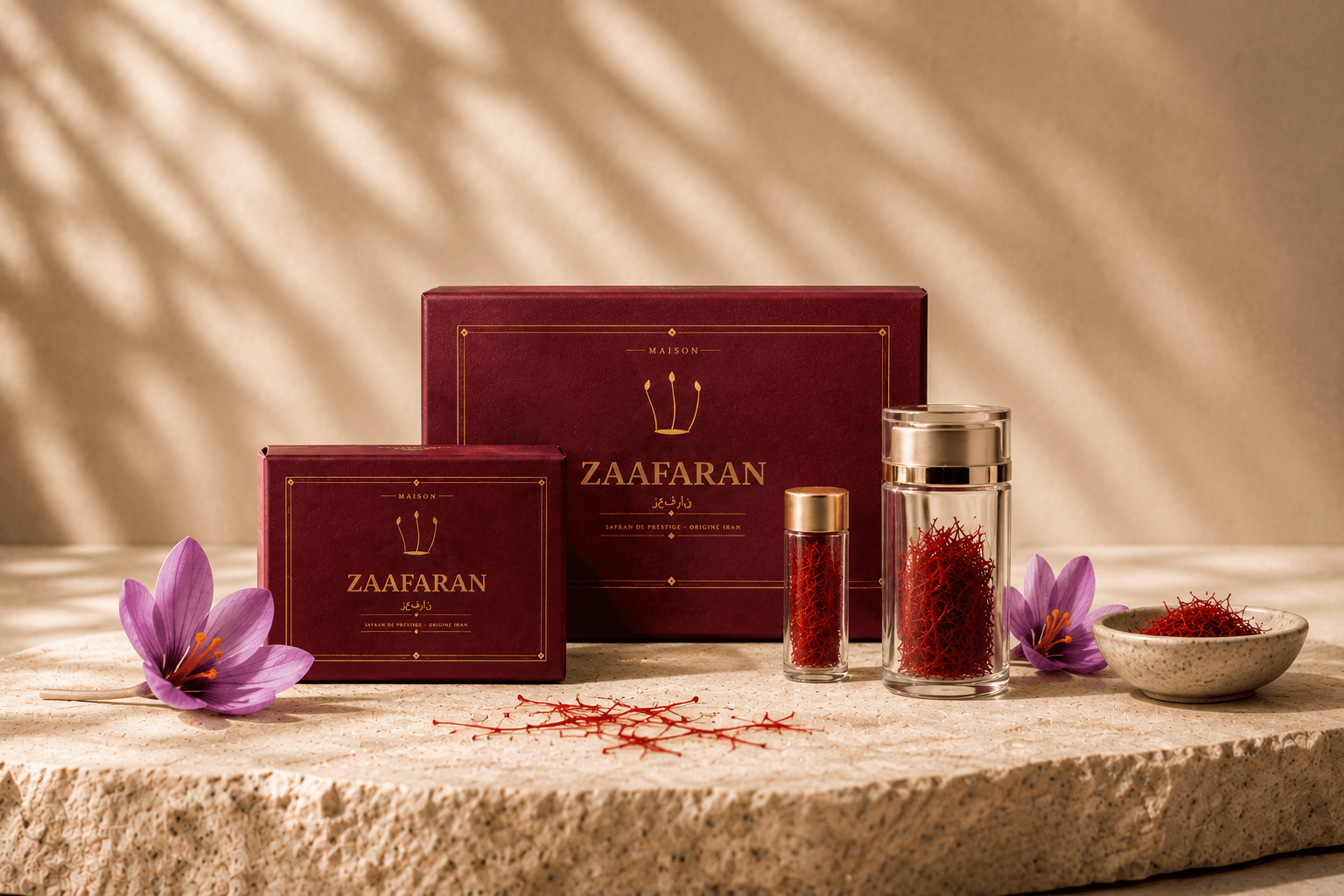 Collection de coffrets et flacons de safran Maison Zaafaran, posés sur pierre claire avec des fleurs de crocus